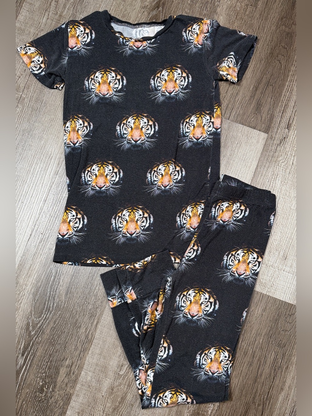 Bums And Roses Kids Black Tiger Print Preloved Two Piece Bamboo PJ Set